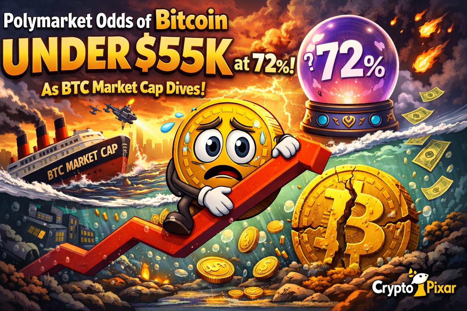 Polymarket signals rising bearish bets as Bitcoin odds dip below $55K